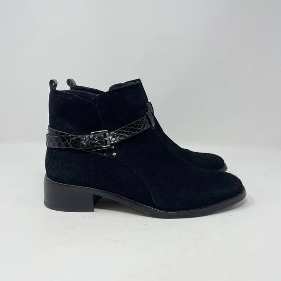 Donald Pliner Black Suede Leather Zita Side Zip Snakeskin Leather Strap Booties - Picture 2 of 10
